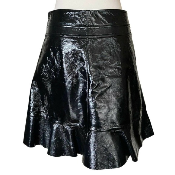 MAJE Faux Cuir Vinyl Skirt Jupe Leather Black Asymmetrical Mini Belt 40 Med NWT - Picture 4 of 11